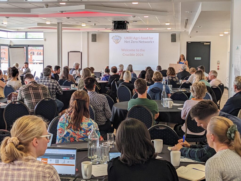 image is taken from back of a room of crowded people looking towards the front where a speaker stands in front of a screen.