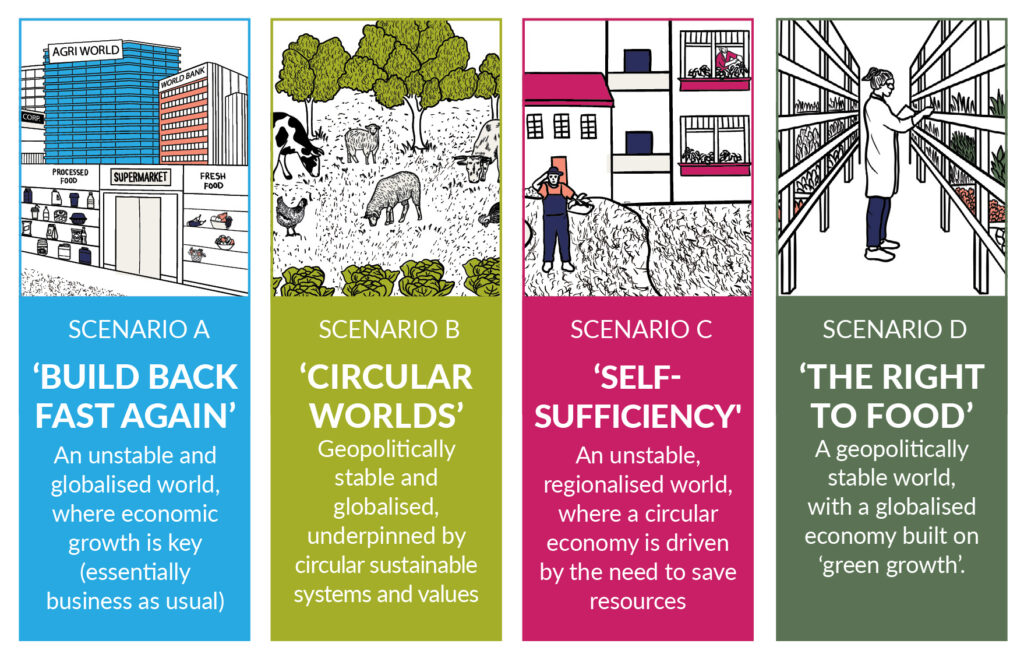 Future scenarios by AFN. Image shows four different columns. The first colum