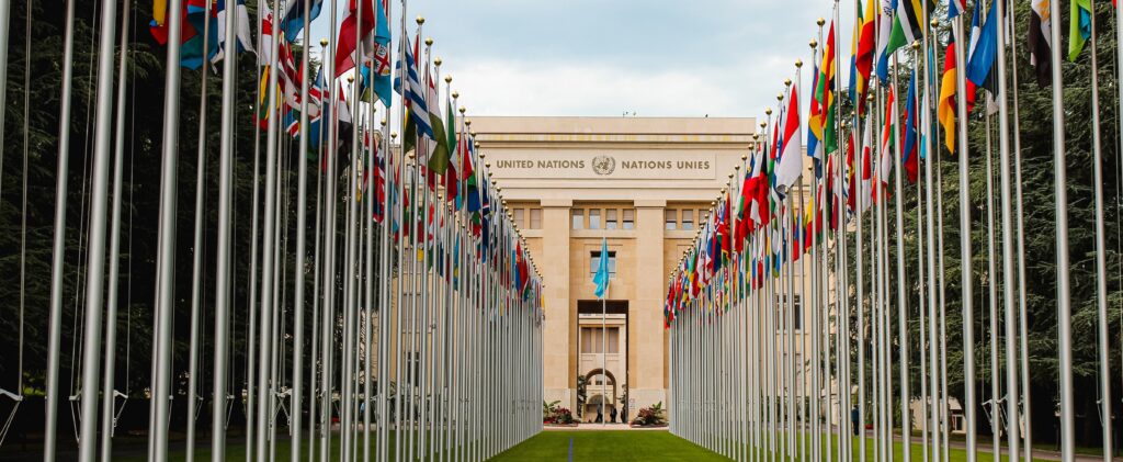 Picture of the United Nations building, with a line of flags outside.