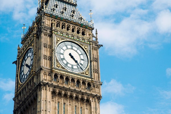 A close-up of the Great Clock of Westminster, informally known as Big Ben, even though that is the bell, not the clock or the tower.