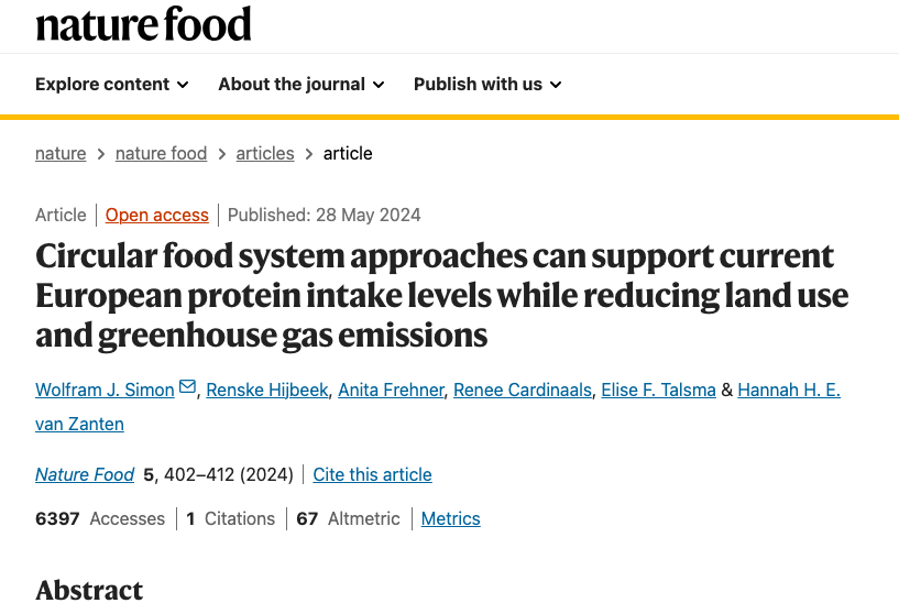 Nature: Circular food system approaches can support current European protein intake levels while reducing land use and greenhouse gas emissions