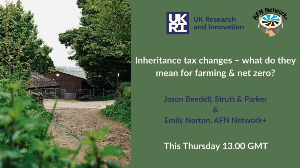 Promotional card for inheritance tax webinar, with a picture of a country lane.